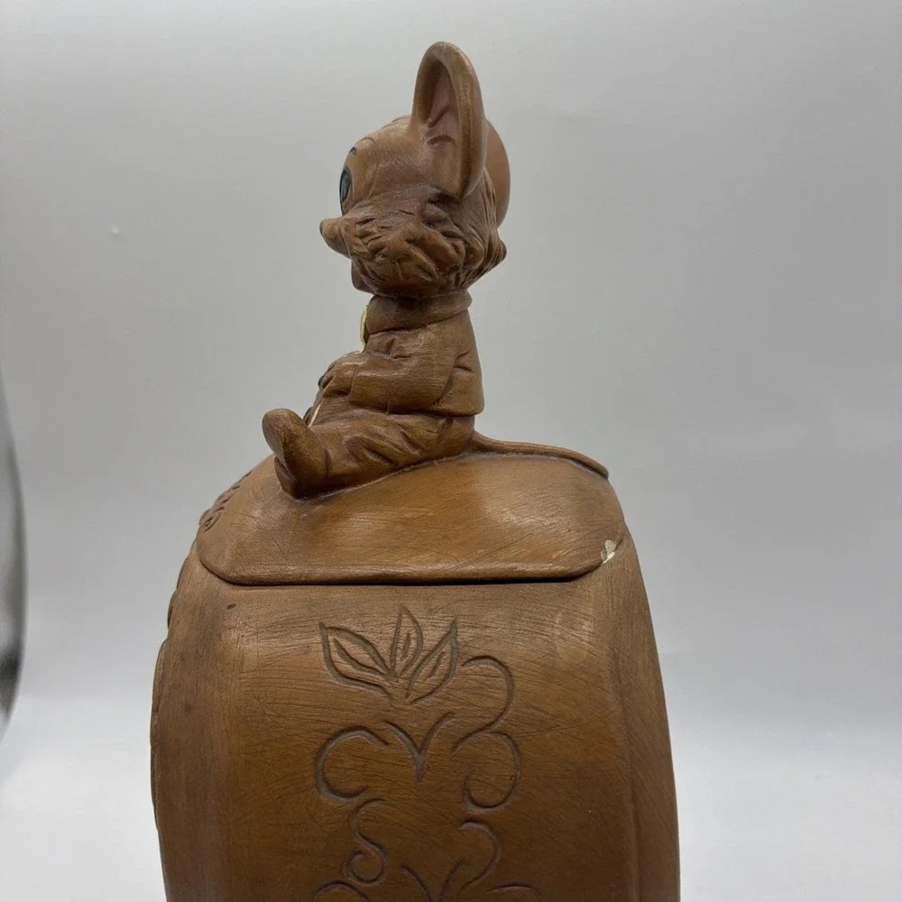 Vintage 1960 Brown Twin Winton Cookie Time Mouse Clock Ceramic Cookie Jar 14